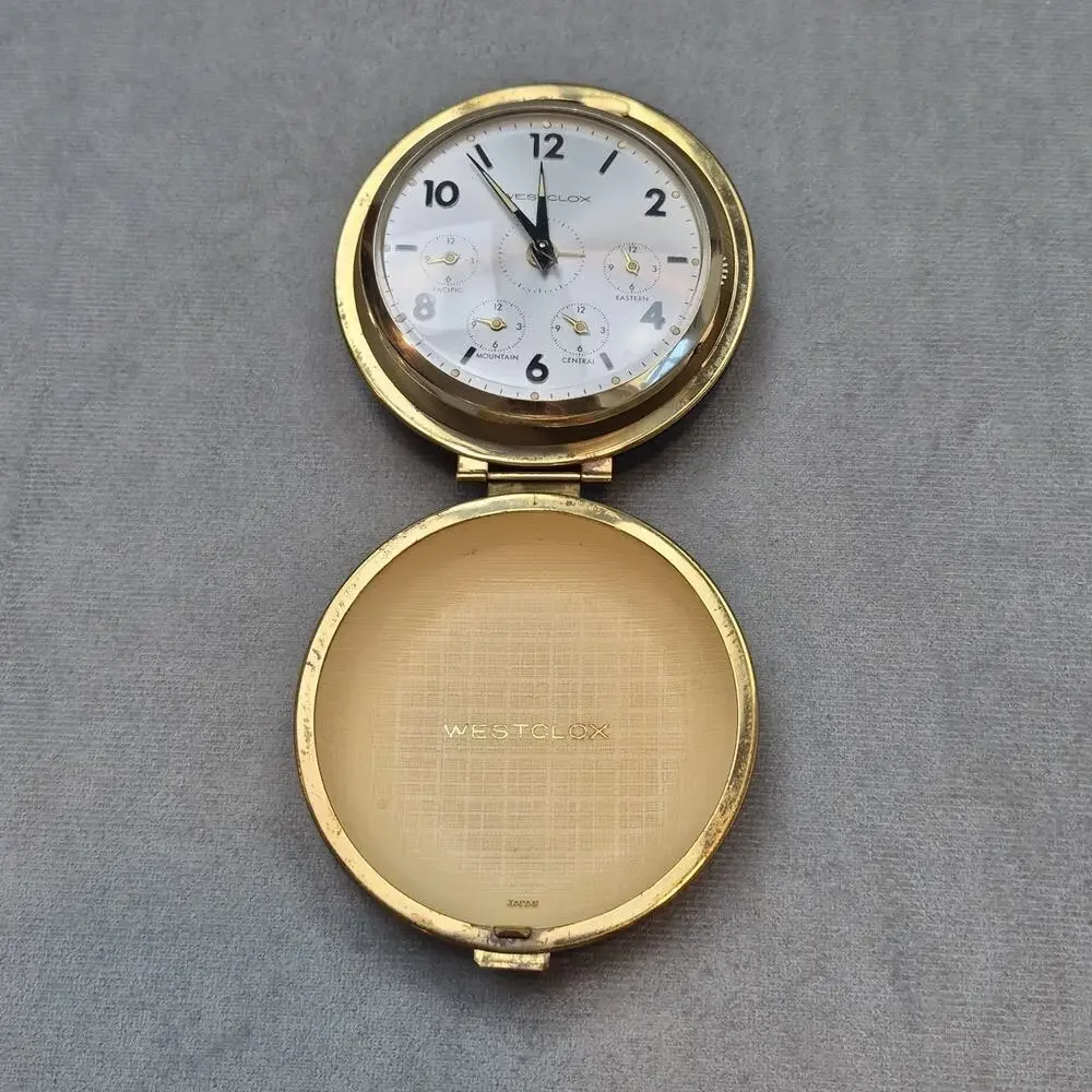 Westclox Travel Alarm Clock Vintage Round Black Clam Shell Case Japan Works